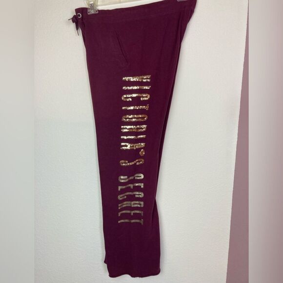 Victorias Secret Burgundy sweat pants w/ metallic sequin brand name & pockets - Picture 4 of 8